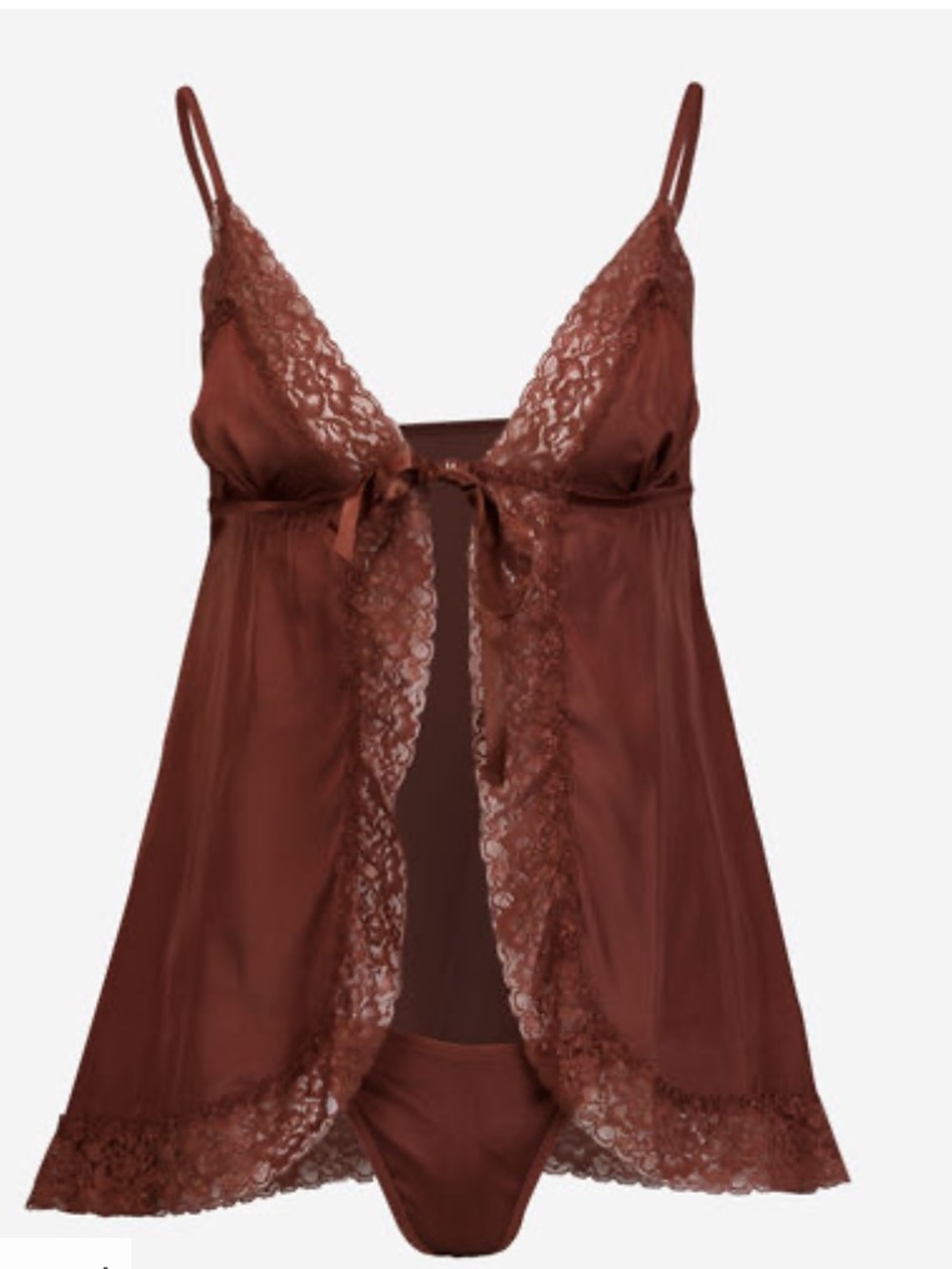 NICOLE MILLER Brown Lace Trim Chemise & Thong Set